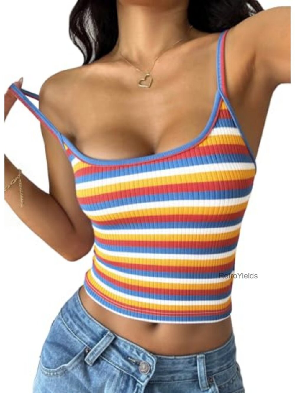 Women's Striped Ribbed Crop Cami Tank Top Sleeveless Adjustable Spaghetti Strap